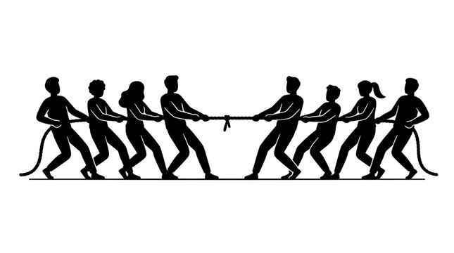People pulling rope in unison strongly.