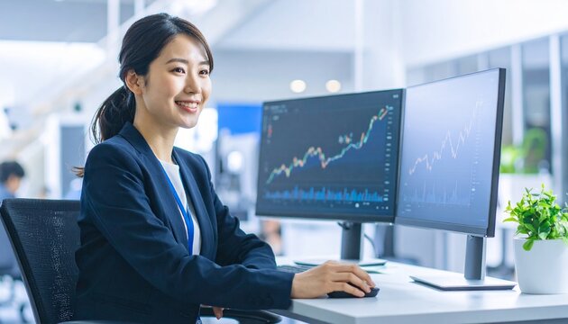 デュアルモニターの上昇株価グラフを前に笑顔で作業する若い日本人女性アナリスト・明るいオフィス環境