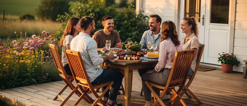Friends Enjoying Summer Dinner Together on Wooden Deck: Grilled Meat, Salad, and Wine in Garden
