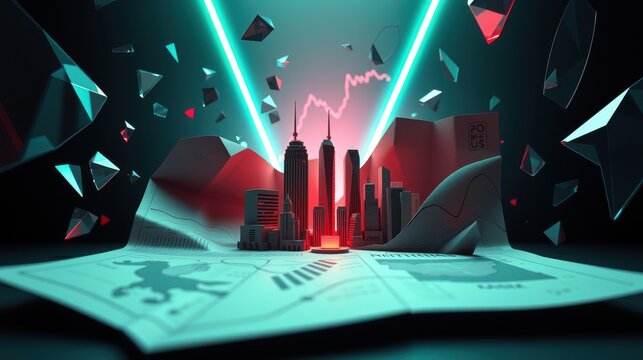 Abstract cityscape. Red glowing skyline rises from charts. Fractured geometry surrounds scene, creating dynamic visual impact.