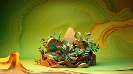 Obraz premium Abstract plant arrangement. Brown forms cradle lush greenery. Swirling green, gold backdrop creates dynamic visual impact. Minimalist design.