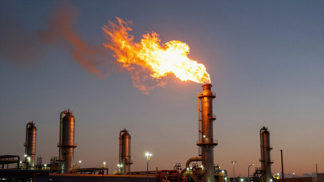 Oil refinery plant with a large gas flare burning at dusk. A bright orange flame rises from the exhaust stack against a clear twilight sky in an industrial complex