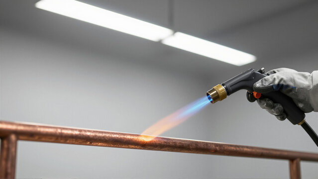 Close-up of a plumber hand in a protective glove using a blowtorch to solder a copper pipe. The professional blue flame heats the metal for industrial hvac repair and maintenance work