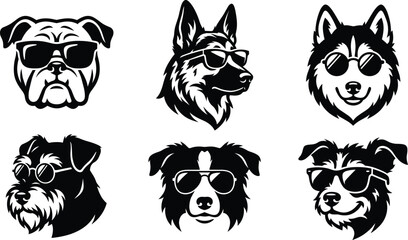 Cool dog heads vector bundle featuring popular breeds with trendy sunglasses, minimalist black and white pet portrait icons, and canine logos. © Nayan