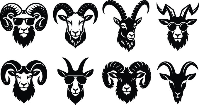 Vector set of goat and ram head silhouettes with horns and sunglasses for masculine logos emblems and apparel design.