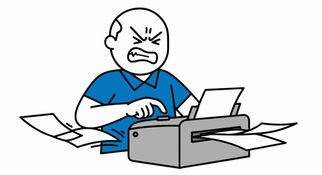 Frustrated cartoon character dealing with printer jam issues.