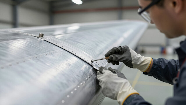 Aerospace engineer inspecting an aircraft wing panel in a hangar. Professional technician performing maintenance on a metal plane part for safety and quality