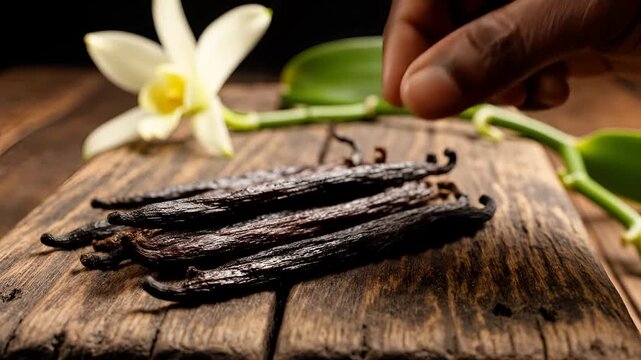 Closeup of hand arranging dried vanilla beans with a vanilla flower.