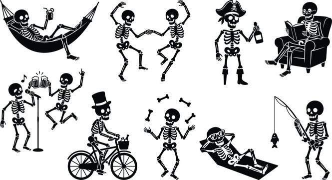 Funny Halloween skeleton characters doing different activities black silhouette vector set isolated on white background.