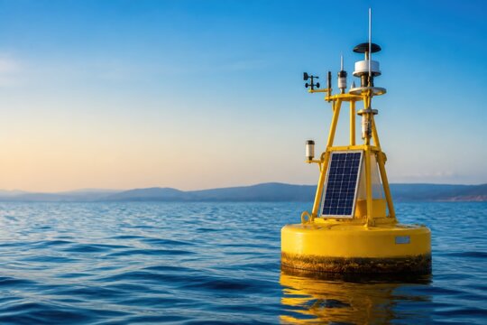 Solar powered ocean buoy monitoring the sea at sunset with calm water and distant shoreline