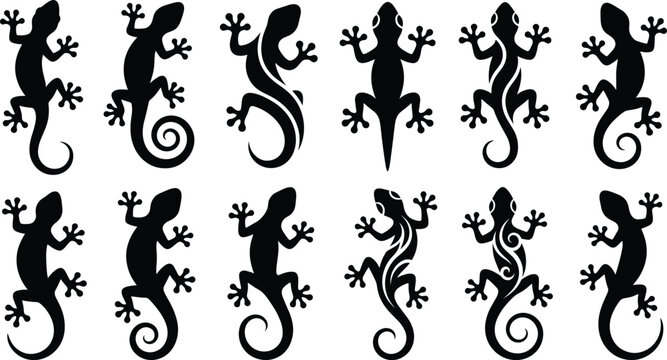 Lizard and gecko black silhouette vector icons set with tribal tattoo style elements for creative graphic design.