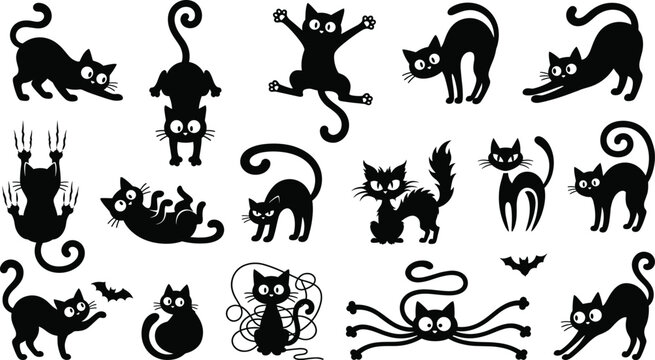 Funny black cat silhouettes set with playful kittens stretching scratching jumping hanging and halloween bat vector elements.