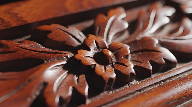 Closeup of intricate wood carving with floral motifs and rich texture.