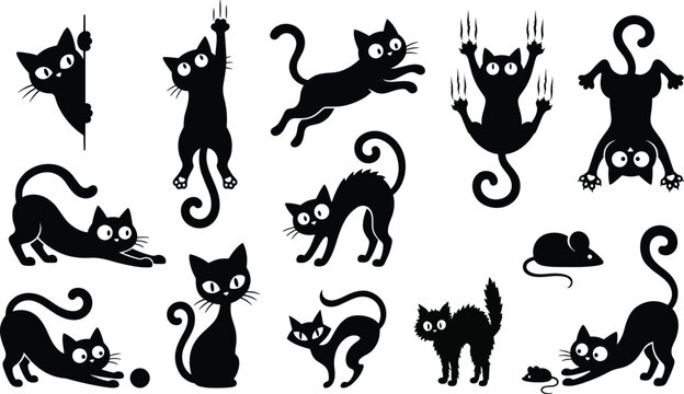 Playful black cat silhouettes set with funny kittens peeking jumping scratching hanging and chasing mouse for graphic design.