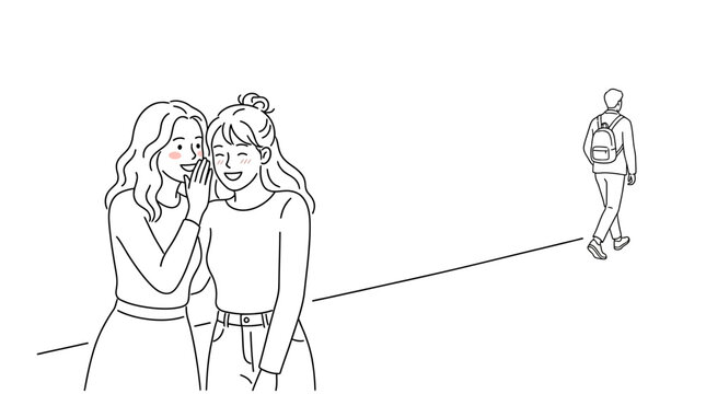 Two young women whispering secrets while standing together.