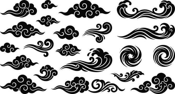 Traditional asian style cloud and ocean wave vector elements set for oriental patterns background and tattoo design.