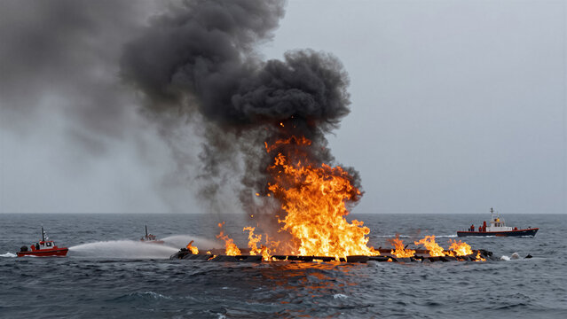 Dramatic view of a fire on the ocean with thick black smoke rising into the sky. Emergency response boats use water cannons to fight the burning oil spill near a containment boom