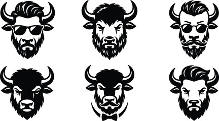 Vector collection of black bison and buffalo head logos featuring hipster haircuts sunglasses and bowties for masculine branding. © Nayan