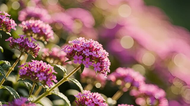 Closeup of vibrant pink butterfly bush flowers in soft sunlight.