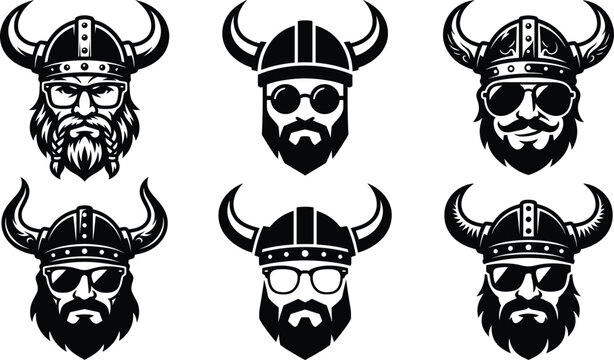 Vector collection of black viking head logos wearing horned helmets and stylish sunglasses for hipster gentleman branding and mascots.