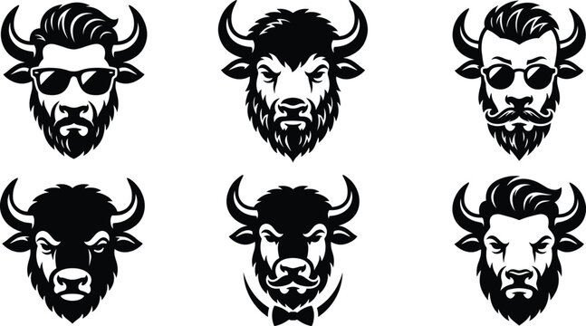 Vector collection of black bison and buffalo head logos featuring hipster haircuts sunglasses and bowties for masculine branding.