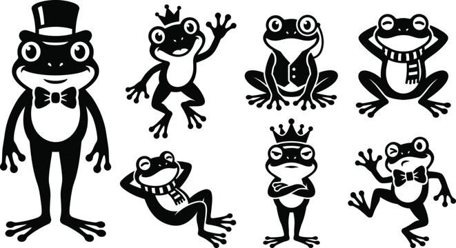 Vector collection of black frog prince silhouettes and cute toad cartoon characters wearing crowns and hats for children design.