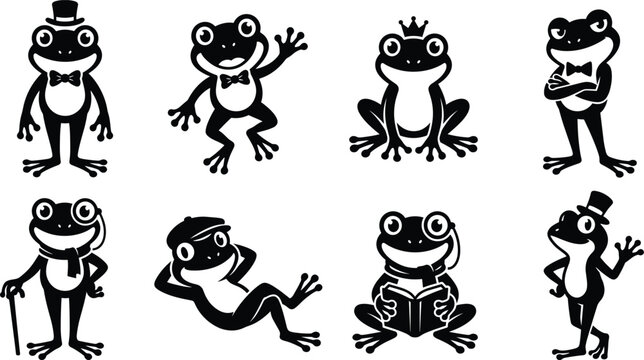 Vector collection of black frog gentleman silhouettes and cute toad cartoon characters reading books and wearing monocles for education design