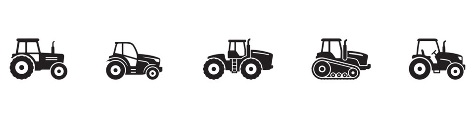 Naklejka premium Tractor icon set. Agricultural tractor icon set. Farm vehicle symbol collection. Agriculture, farming, machinery, heavy industrial tractor, caterpillar sign. Vector illustration. Vector Graphic. EPS 1