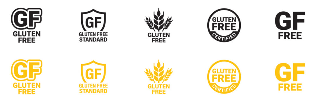 Gluten free icon set. GF standard badges. Certified organic product labels. Healthy food dietary signs. Wheat allergy free symbols. Vector illustration. Vector Graphic. EPS 10