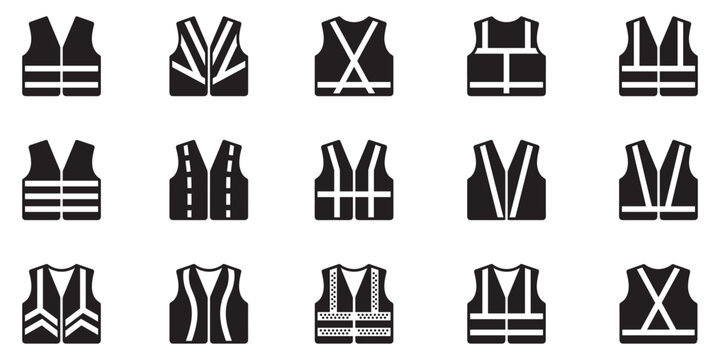 Safety vest icon set. High visibility reflective jacket symbols. Construction work clothing signs. Industrial protective uniform elements. Vector illustration. Vector Graphic. EPS 10