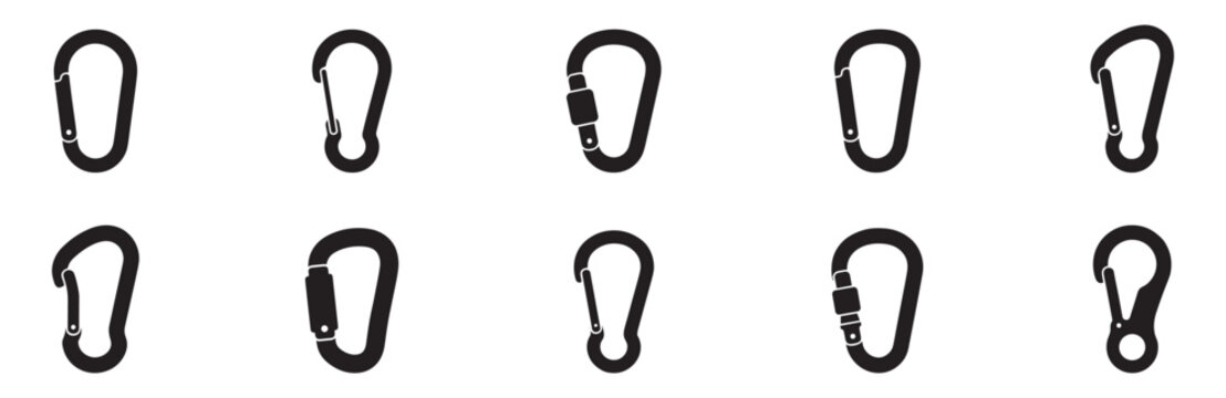 Carabiner icon set. Climbing lock hook symbols. Safety snap link hardware signs. Outdoor mountaineering equipment elements. Vector illustration. Vector Graphic. EPS 10