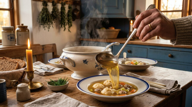 Honsekodssuppe Chicken Soup Served on Rustic Farmhouse Kitchen Table