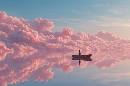 Surreal scene of small boat floating among pink clouds reflected on calm water