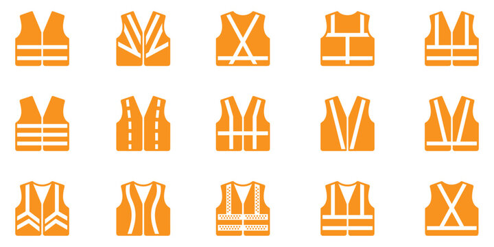 Safety vest icon set. High visibility reflective jacket symbols. Construction work clothing signs. Industrial protective uniform elements. Vector illustration. Vector Graphic. EPS 10