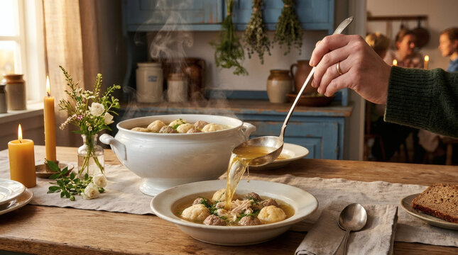 Honsekodssuppe Chicken Soup Pouring into Plate on Farmhouse Kitchen Table