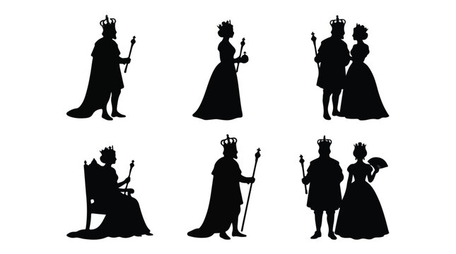 Black silhouettes of royal people with crowns and scepters