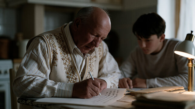 A grandfather in a hand-embroidered vest teaches a teenage boy to write in a near-extinct script at a worn kitchen table, a single lamp illuminating faded reference books, ideal