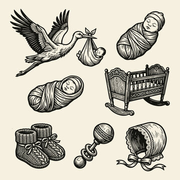 Linocut set of stork with baby, cradle, bootie, rattle, and bonnet on cream background