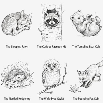 Ink pen sketch of baby woodland animal set, fawn, raccoon, bear, owl, fox, white background