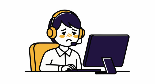 Stressed customer service representative wearing headset at computer.