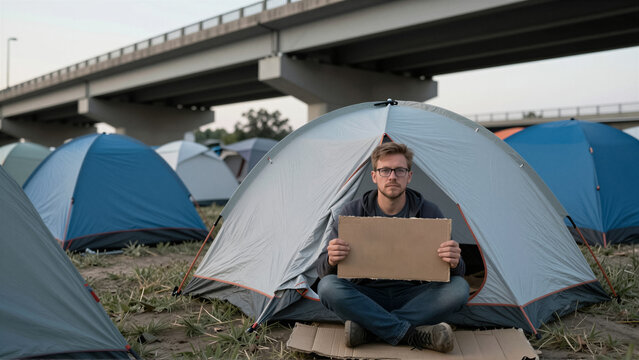 A man sits in a temporary tent holding a protest sign, reflecting the serious issue of homelessness. This scene depicts a broader refugee or social crisis under an urban bridge