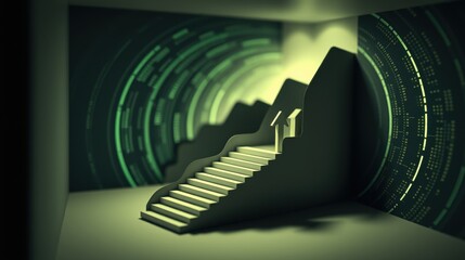 Obraz premium Abstract stairs ascend toward distant light. Circular patterns surround space, creating tunnel illusion. Minimalist design, dark tones dominate.