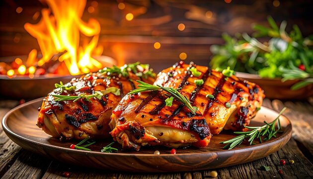Grilled Chicken with Herbs on Plate.