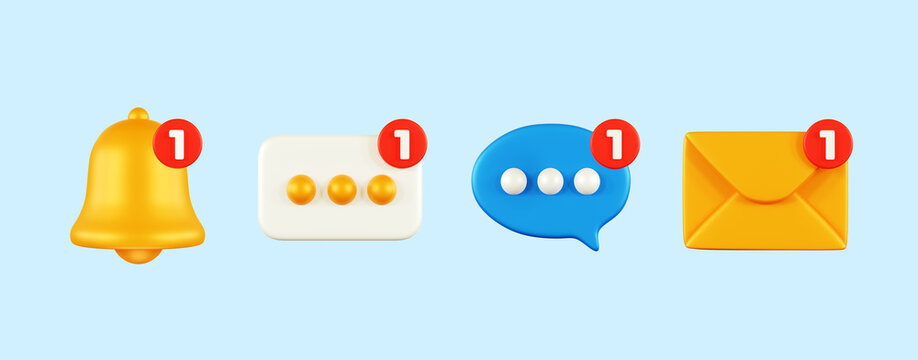 3D Message notification icon set. New Email alert icons with red badge, speech bubble, notification bell, envolope