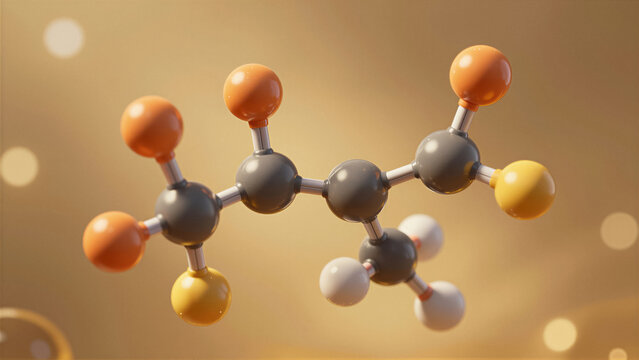 3D illustration of a serotonin molecule. This scientific model represents dopamine and mental health wellness on a warm gold bokeh background