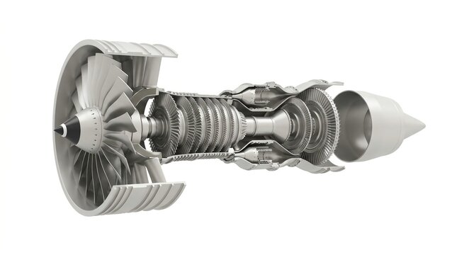 Commercial jet engine, exploded aerospace diagram, isolated on white background
