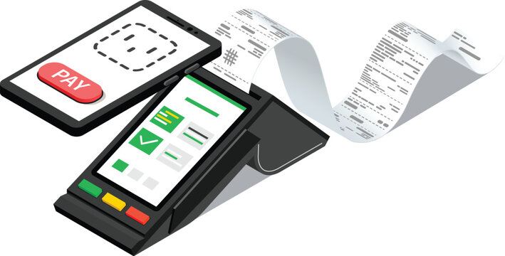 Payment failed notification on pos terminal machine next to successful digital transaction step vector