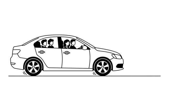 A black and white line art illustration of a sedan car with passengers inside.