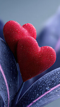 Red Hearts on Purple Palm Leaves