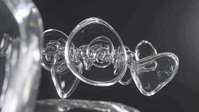 Close-up of a delicate glass sculpture resembling a candy with intricate swirling patterns inside.